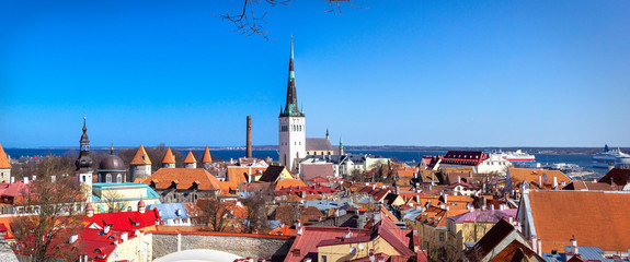 Panoramic view, aerial skyline of Old City Town, Toompea Hill, architecture, roofs of houses and landscape, Tallinn, Estonia. Summer cityscape banner.