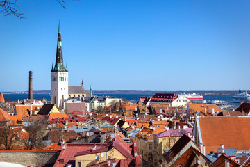 Panoramic view, aerial skyline of Old City Town, Toompea Hill, St. Olaf Baptist Church,...