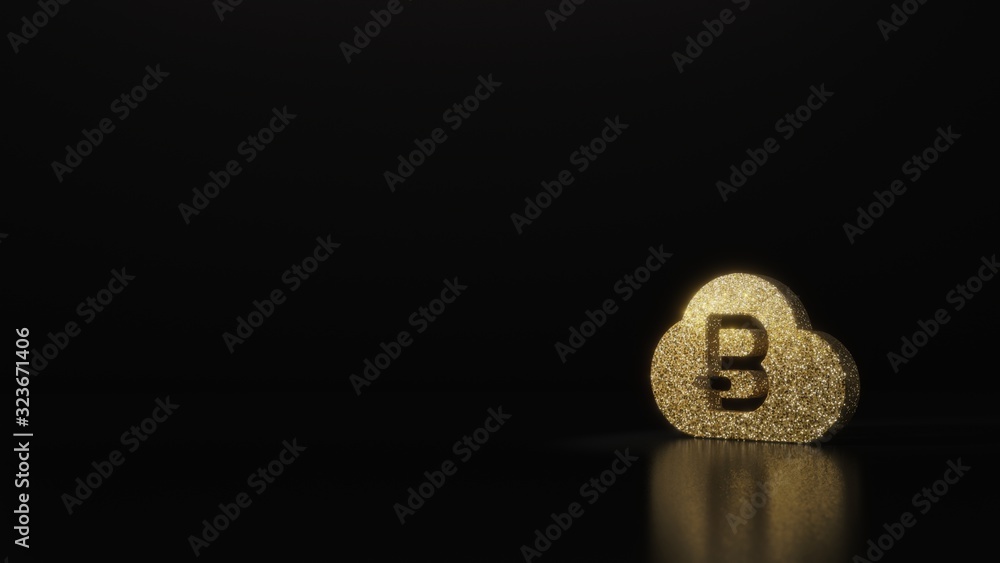 Poster science glitter gold glitter symbol of bitcoin 3D rendering on dark black background with blurred reflection with sparkles