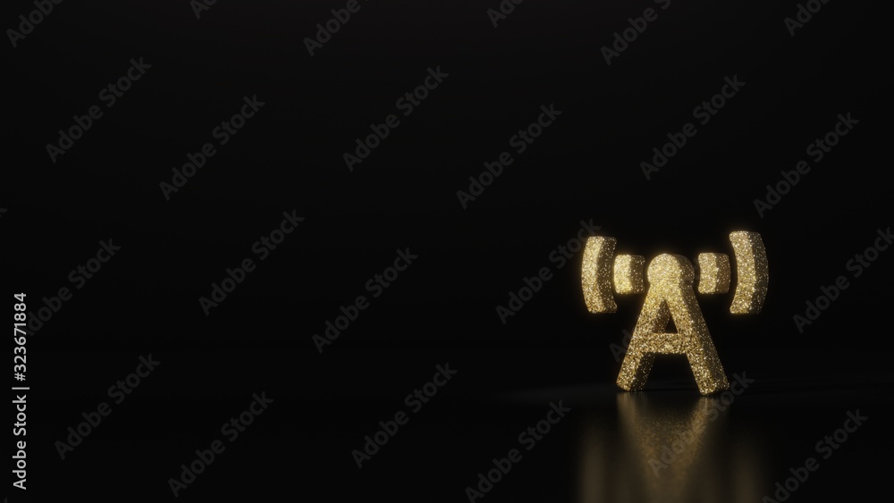Poster science glitter gold glitter symbol of broadcast tower 3d rendering on dark black background with bl
