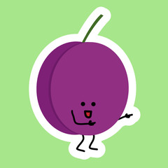 Funny purple Plum sticker with Kawaii cute face. Happy person with opened eyes. He is point to something.