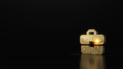 science glitter gold glitter symbol of briefcase 3D rendering on dark black background with blurred reflection with sparkles