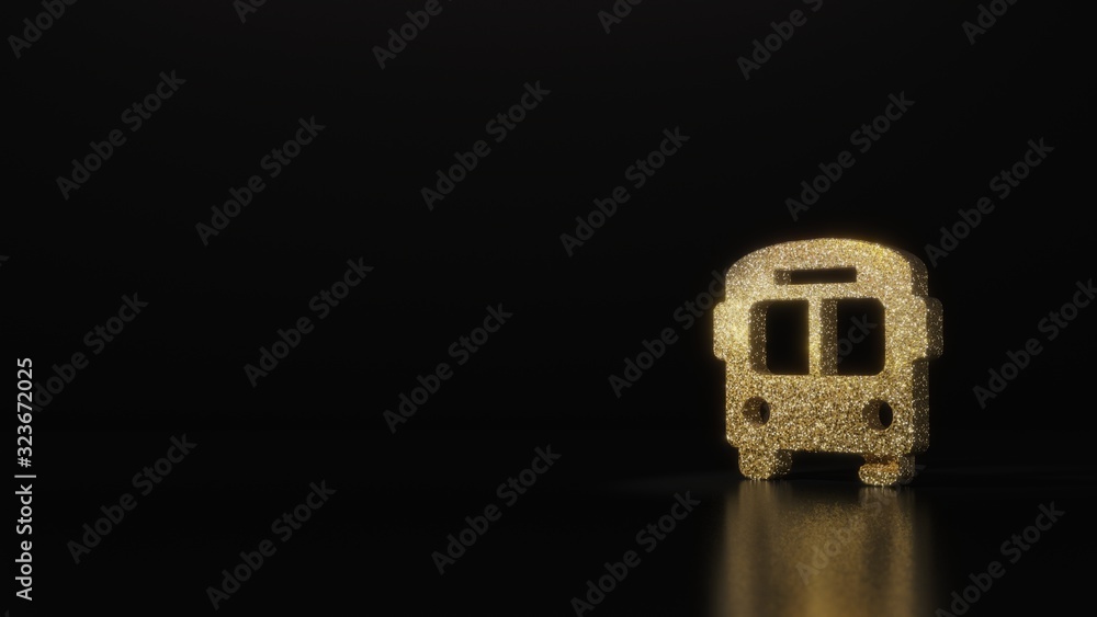 Poster science glitter gold glitter symbol of bus 3d rendering on dark black background with blurred reflec