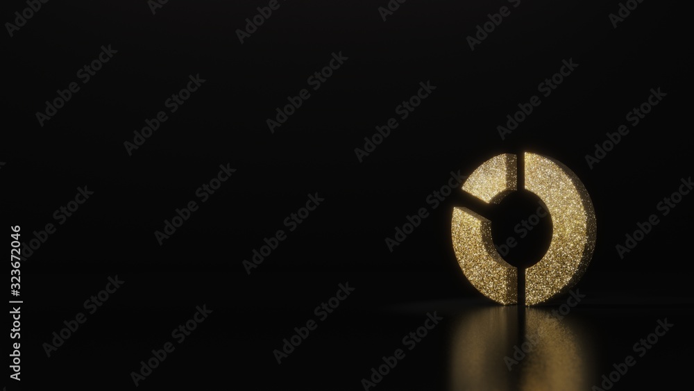 Poster science glitter gold glitter symbol of pie chart 3d rendering on dark black background with blurred 
