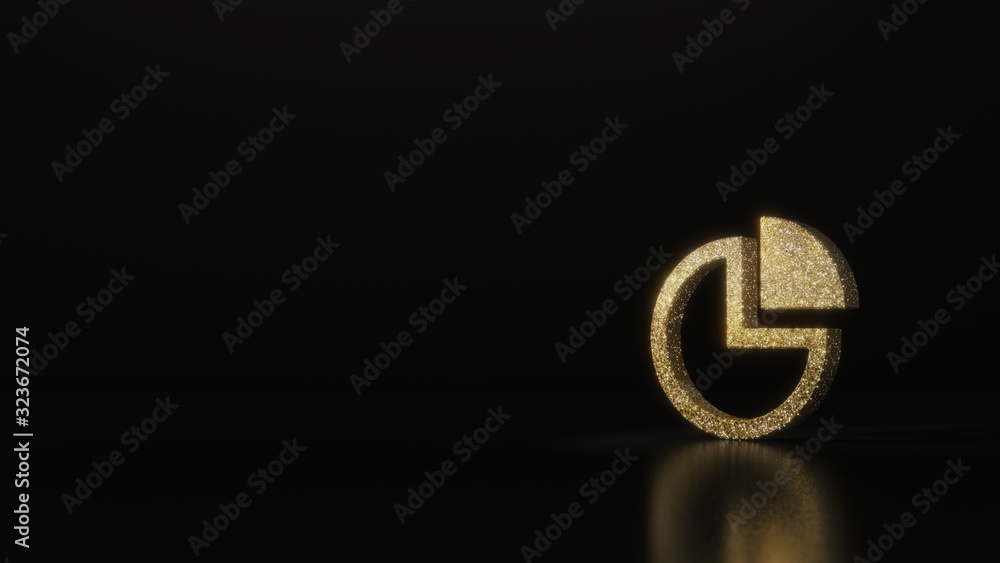 Poster science glitter gold glitter symbol of pie chart 3d rendering on dark black background with blurred 