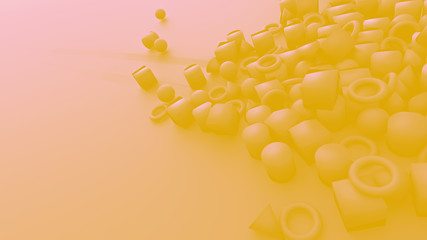 yellow abstract background and wallpaper with empty space, cube, cone, torus and sphere collected