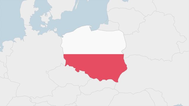 Poland map highlighted in Poland flag colors and pin of country capital Warsaw.