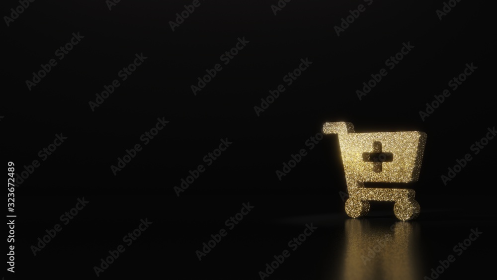 Poster science glitter gold glitter symbol of cart plus 3d rendering on dark black background with blurred 