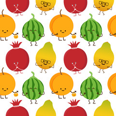 kawaii fruits seamless pattern with face expression on white color background. watermelon, pomegranate, papaya, peach.