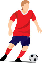 Fototapeta premium Color vector illustration of a soccer player with a ball without a background, outdoor play, footballer, sport, football player, forward