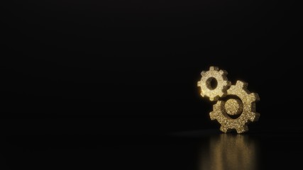 science glitter gold glitter symbol of cogwheel 3D rendering on dark black background with blurred reflection with sparkles