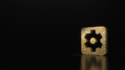 science glitter gold glitter symbol of cogwheel in square 3D rendering on dark black background with blurred reflection with sparkles