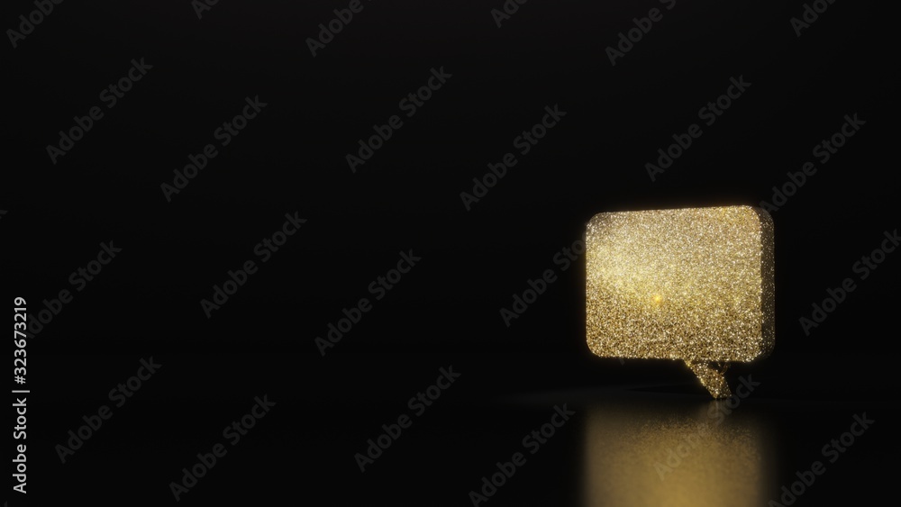 Poster science glitter gold glitter symbol of rectangular chat bubble 3d rendering on dark black background