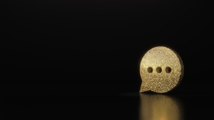 science glitter gold glitter symbol of rounded chat bubble 3D rendering on dark black background with blurred reflection with sparkles