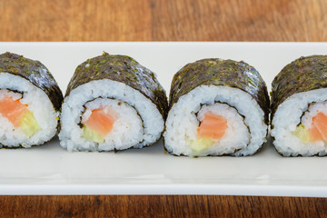 Makizushi on a white plate.