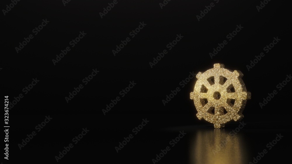 Poster science glitter gold glitter symbol of dharmachakra 3d rendering on dark black background with blurr