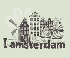 Fotobehang Vector illustration of Amsterdam attractions in black and white colors © Tatsiana Tsyhanova