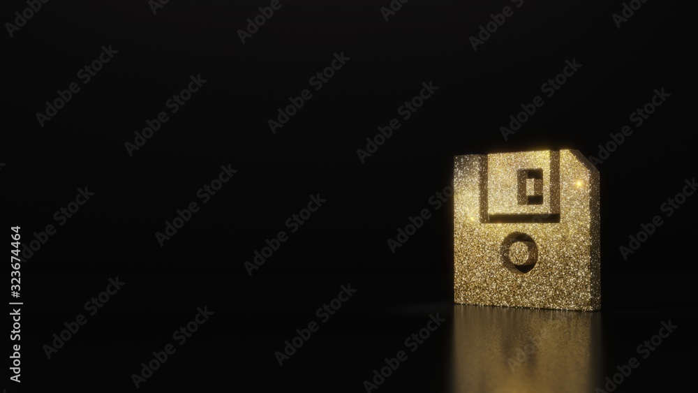 Poster science glitter gold glitter symbol of diskette 3d rendering on dark black background with blurred r