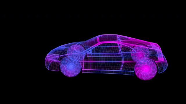 Neon Futuristic Holographic Design Style of Electric Car. Beautiful Hologram of Luxury Vehicle. Energy and Power Concept.