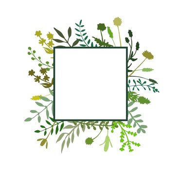 Square floral frame great to place any text, quote or logo. Border made of hand drawn greenery, flowers, twigs, herbs. Square banner design great for spring or summer rustic theme. Vector
