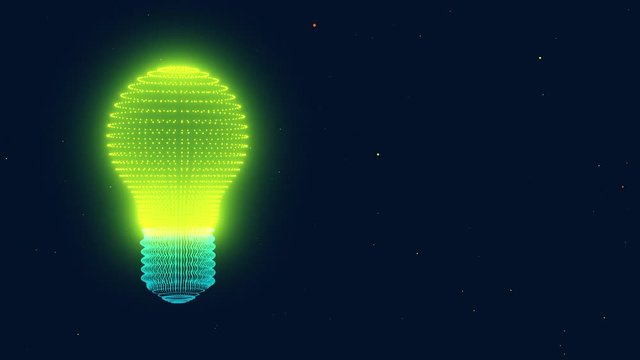 3D rendering. The light bulb appears from the particles. The light turns on. Dust motes are illuminated. Video footage. Symbol for solving an idea. Electrics.
