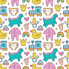 Baby care stuff, clothes, toys cartoon cute hand drawn doodle vector seamless pattern, texture, backdrop. Funny colorful design. Isolated on white background. Kids decorative design elements. 
