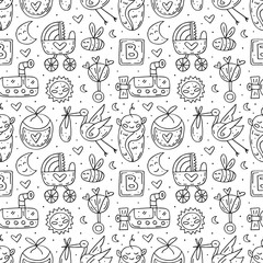 Baby care stuff, clothes, toys cartoon cute hand drawn doodle vector seamless pattern, texture, backdrop. Funny monochrome design. Isolated on white background. Kids decorative design elements. 