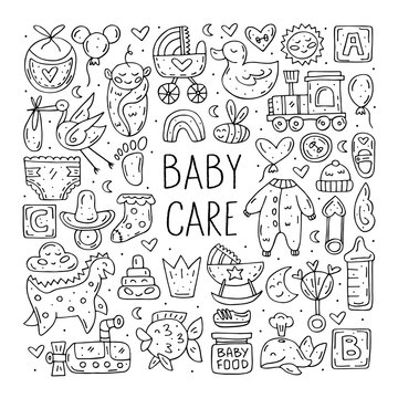 Baby care cute hand drawn doodle vector clip art, stickers, icons, set of design elements. Black monochrome design. Isolated on white background. Easy to change color. Decorative elements. Coloring. 