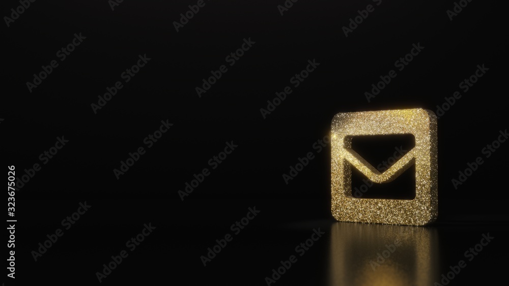 Poster science glitter gold glitter symbol of envelope square 3d rendering on dark black background with bl