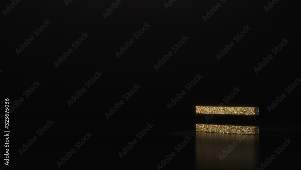 Poster science glitter gold glitter symbol of equal 3d rendering on dark black background with blurred refl