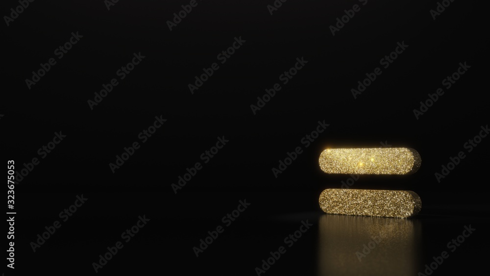 Poster science glitter gold glitter symbol of equal 3d rendering on dark black background with blurred refl