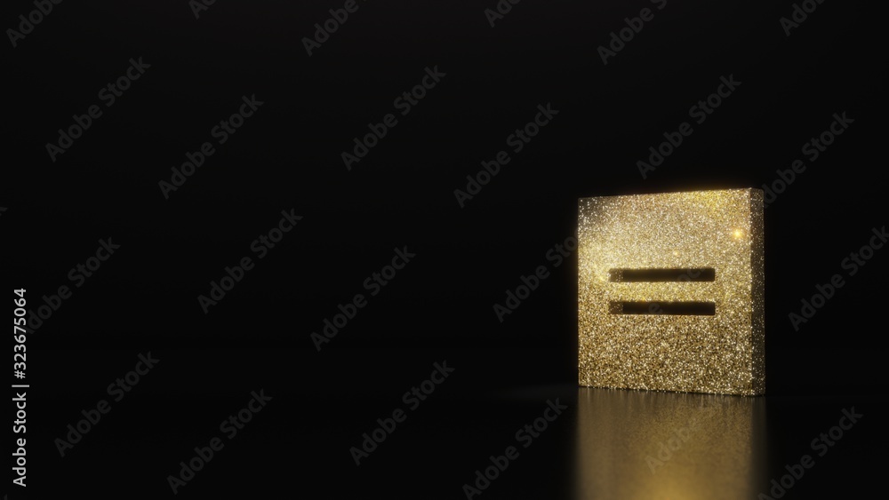 Poster science glitter gold glitter symbol of equal 3d rendering on dark black background with blurred refl