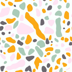 Terrazzo floor covering seamless pattern in mint, yellow, grey colors. Vector background