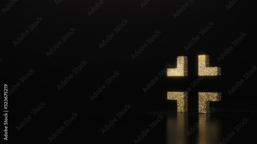 Poster science glitter gold glitter symbol of exit 3D rendering on dark black background with blurred reflection with sparkles