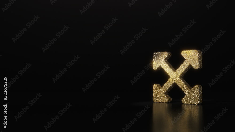 Poster science glitter gold glitter symbol of expand arrows 3d rendering on dark black background with blur