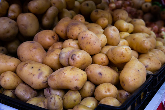Fresh potatoes in plastic boxes