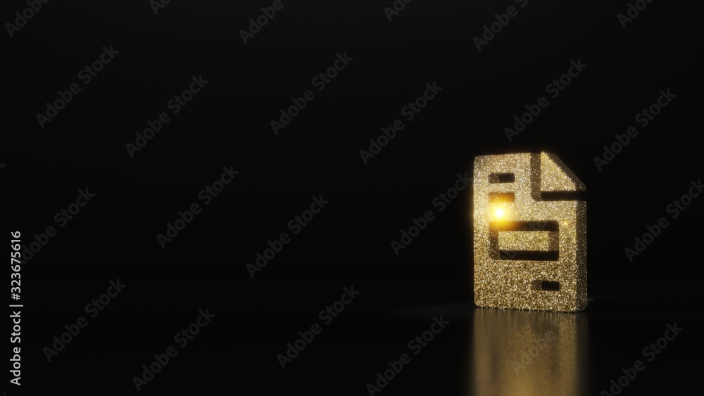 Poster science glitter gold glitter symbol of file invoice 3d rendering on dark black background with blurr