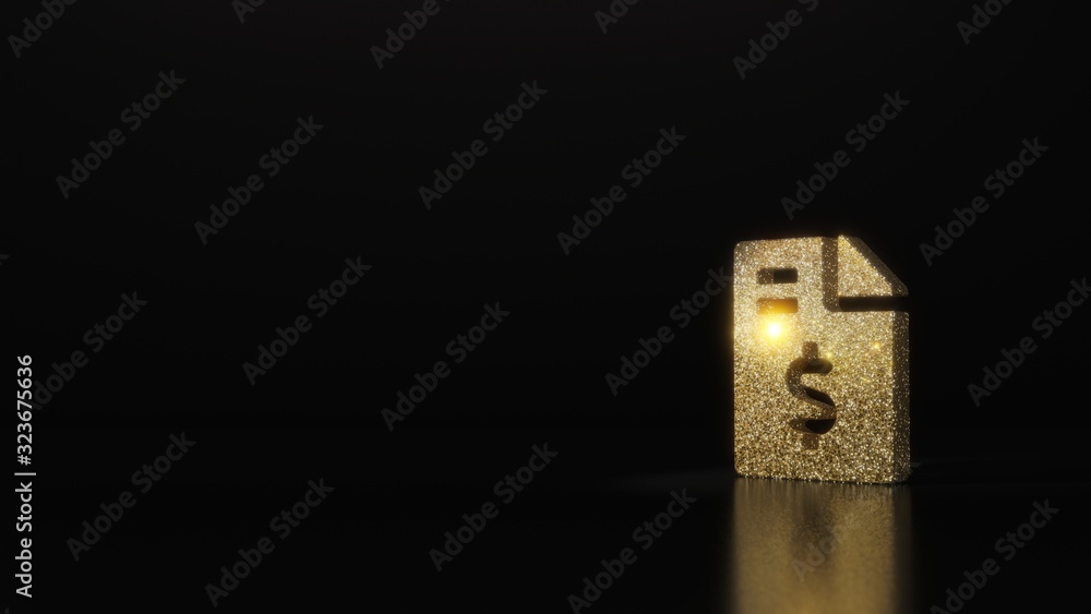 Poster science glitter gold glitter symbol of file invoice dollar 3d rendering on dark black background wit