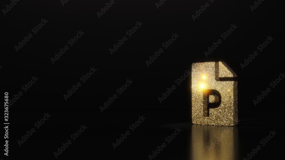 Poster science glitter gold glitter symbol of file powerpoint 3d rendering on dark black background with bl