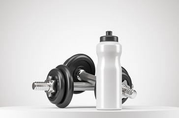 Obraz na płótnie Canvas White fitness bottle and two black dumbbells on the white background. Sport healthy lifestyle concept.