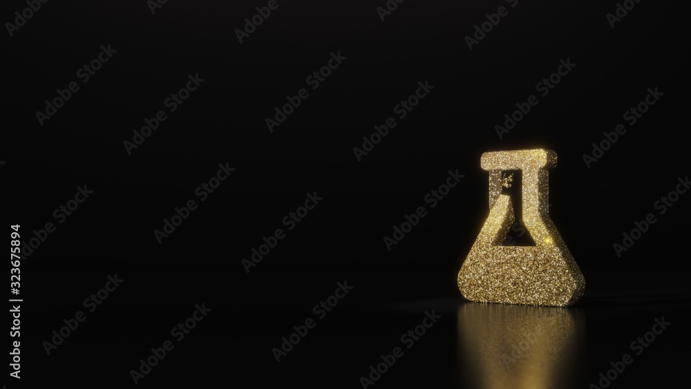 Poster science glitter gold glitter symbol of flask 3d rendering on dark black background with blurred refl