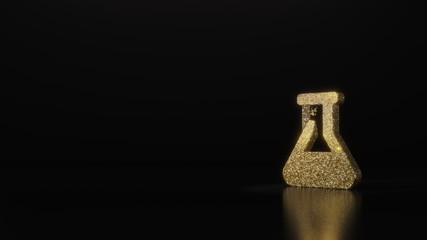 science glitter gold glitter symbol of flask 3D rendering on dark black background with blurred reflection with sparkles