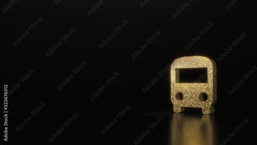 Poster science glitter gold glitter symbol of front bus 3d rendering on dark black background with blurred 