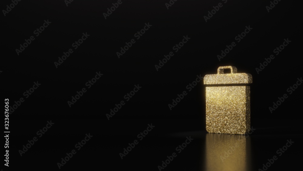Poster science glitter gold glitter symbol of garbage 3d rendering on dark black background with blurred re