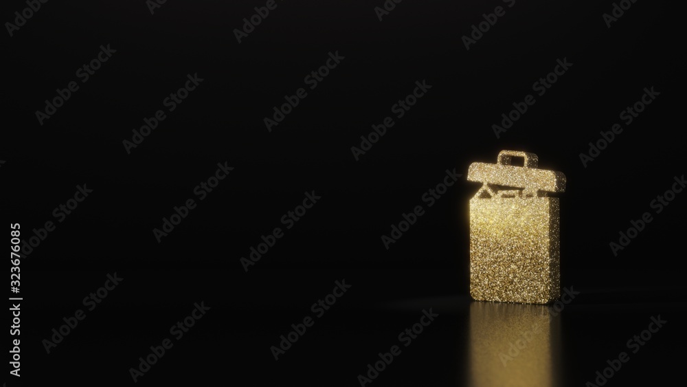 Poster science glitter gold glitter symbol of garbage 3d rendering on dark black background with blurred re