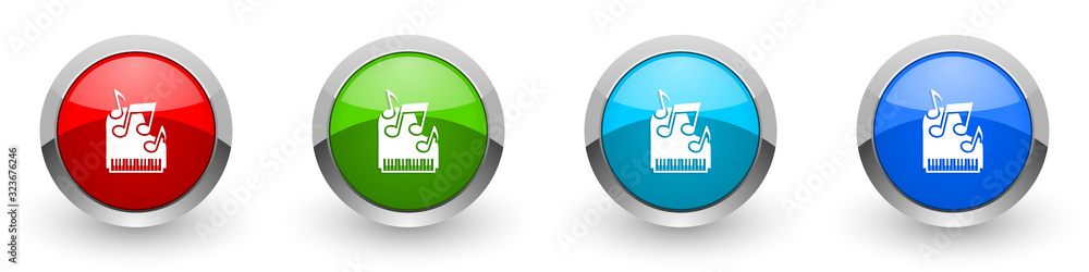 Poster piano silver metallic glossy icons, music concept set of modern design buttons for web, internet and