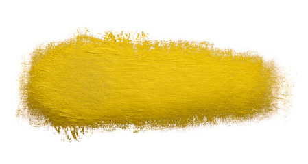Gold paint brush stroke metallic foil color design element isolated on white background.