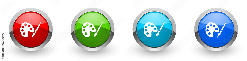 Poster paint brush silver metallic glossy icons, palette, art concept set of modern design buttons for web,