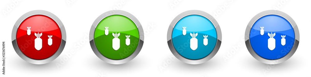 Poster bomb silver metallic glossy icons, war, military, weapon concept set of modern design buttons for we