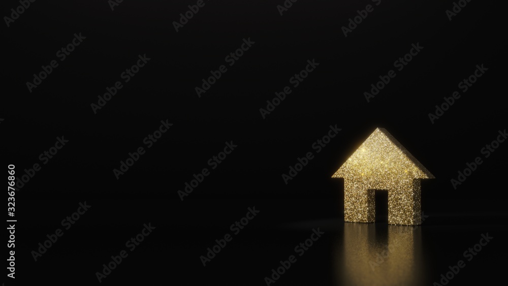 Poster science glitter gold glitter symbol of home button 3d rendering on dark black background with blurre
